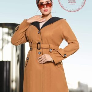 Elegant imported wool coat in camel color with black collar details, featuring a belt and button accents, worn by a stylish woman with sunglasses and a headscarf.